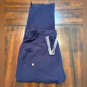 Figs Wide Leg Scrub Pants in Navy with Gray Drawstring